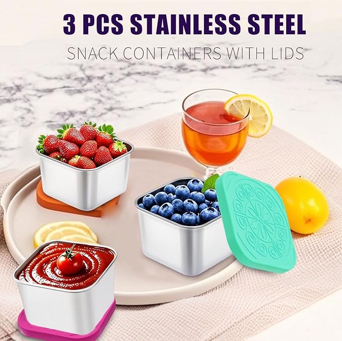 sagact 304 Premium Stainless Steel Snack Containers with Silicone Lids, Snackle Box Containers, Easy-Open Leak-Proof Kids for Taking Out for a Picnic, Lunch Box and Travel. (Red Orange Blue-3, 2 OZ)