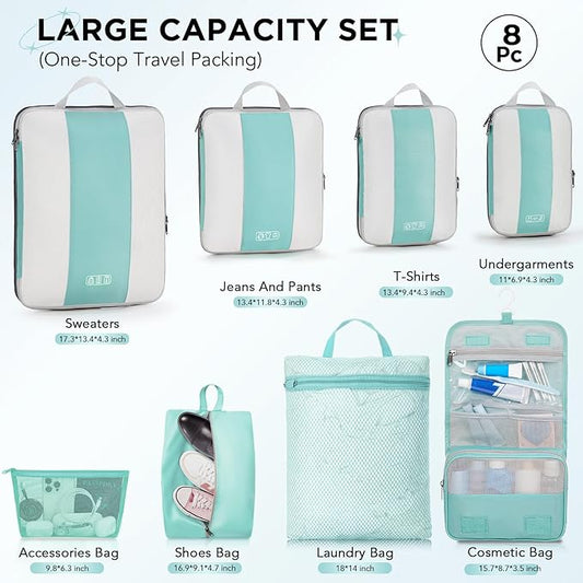 8 Set Compression Packing Cubes for Travel Essentials,Compressible Expandable Packing Cubes for Suitcase,OlarHike Luggage Organizer Bags for Travel,Handy Helper for Organizing Clothes(New Blue Green)