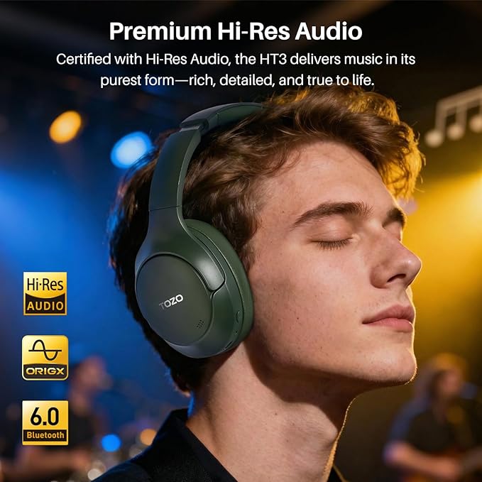TOZO HT3 Hybrid Noise Cancelling Headphones, 90H Playtime Wireless Over Ear Bluetooth Headset, Spatial Audio AI Chat with 5 Mics, Supports Dual Connection and USB-C Input, with 32 EQ Music Modes