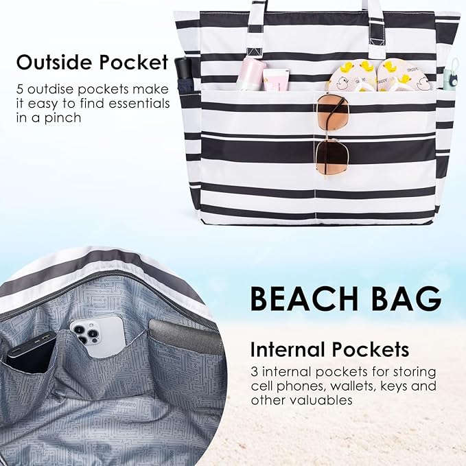 KABAQOO Extra Large Beach Bag Waterproof Sandproof Women Beach Tote with Zipper & Wet Compartment for Pool Gym Grocery Travel