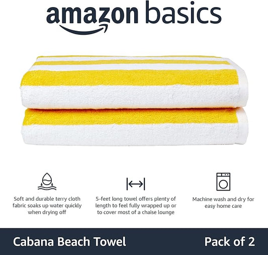Amazon Basics 100% Cotton Terry Cabana Stripe Pool & Beach Towels, Soft & Absorbent, Large, 2-Pack, Yellow, 30" x 60"