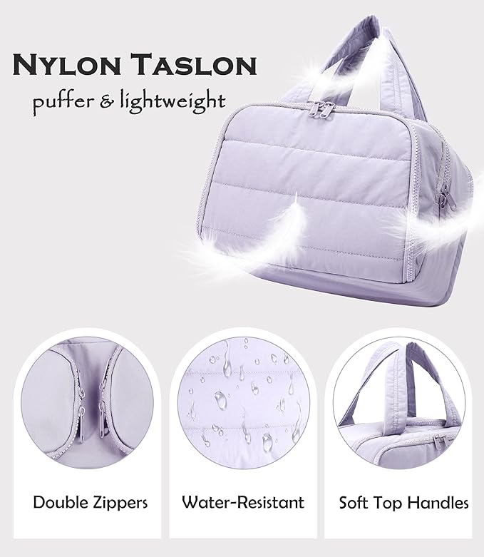 Travel Toiletry Bag for Women, Large Wide-open Puffy Cosmetic Makeup Bag with Wet-Dry Separation, Multi-Pocket Organizer with Carry Handle for Toiletries, Cosmetics, Essentials, Light Purple