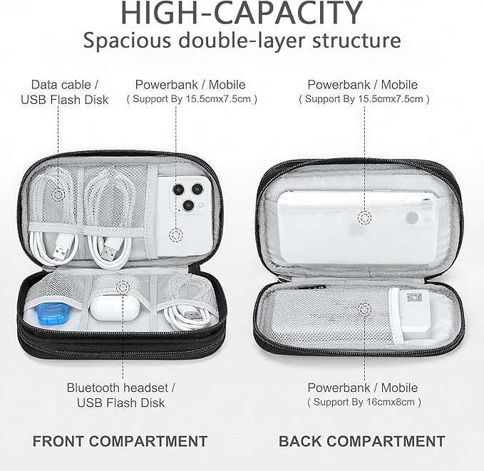 Portable Waterproof Double Layers Travel Cable Organizer Pouch Electronic Accessories Carry Case All-in-One Storage Bag for Cord, Charger, Phone, Earphone, Black