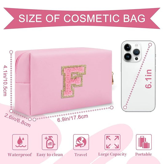 Personalized Initial A-Z Preppy Patch Makeup Bag,Small PU Leather Chenille Letter Cosmetic Bag with Zipper for Teen Girls,Pink Cute Travel Toiletry Bag,Birthday Monogrammed Gift for Daughter,Letter F