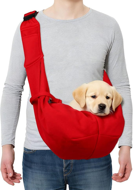 PETAXCELL Dog and Cat Sling Carrier Up to 16.5 Lbs, Hand-Free Reversible Pet Sling Carrier with Adjustable Strap and Pocket, (Red, 1 Pcs) Intended for Hiking/Camping/Traveling