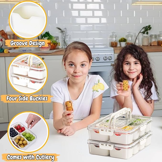 VINGVO Snackle Box, 2Pack Divided Serving Tray with Lid and Handle, 8 Compartment Portable Travel Snack Container for Adults & Kids