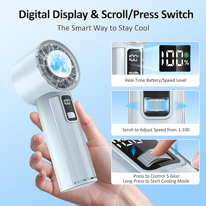 Portable Handheld Fan with Ice Cooler, 21H Max Cooling,9500RPM High Speed,100 Speeds, Small Pocket Turbo Design,Digital Display, Rechargeable Personal Handheld AC Fan for Travel Outdoor Office Commute