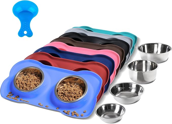 Hubulk Pet Dog Bowls 2 Stainless Steel Dog Bowl with No Spill Non-Skid Silicone Mat + Pet Food Scoop Water and Food Feeder Bowls for Feeding Small Medium Large Dogs Cats Puppies (Extra Large, Blue)