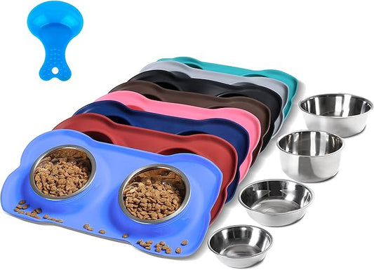 Hubulk Pet Dog Bowls 2 Stainless Steel Dog Bowl with No Spill Non-Skid Silicone Mat + Pet Food Scoop Water and Food Feeder Bowls for Feeding Small Medium Large Dogs Cats Puppies (Small, Blue)