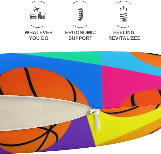 Soft Polyester Travel Neck Pillow, Basketball Pattern Colorful Checkered Checkerboard U-Shaped, Cervical Support Compact for Bus Airplane Rest, Machine Washable Breathable Design