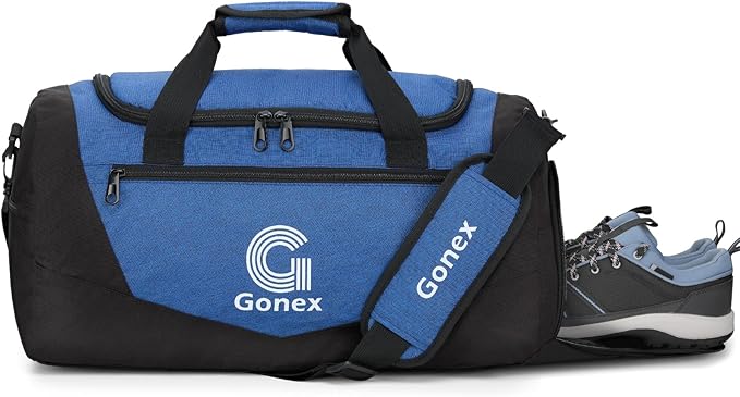 Gonex Gym Duffel Bag with Shoe Compartment Wet Pocket, Large Capacity Sports Duffle Bag for Men Women, Workout & Travel Bag with Multiple Pockets, Black/Blue, Small (30L)