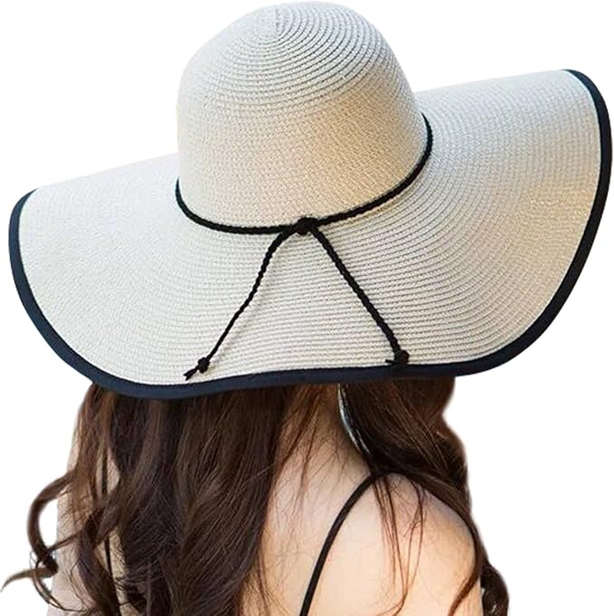 Lanzom Womens Wide Brim Straw Hat Big Floppy Foldable Roll up Cap Beach Sun Hat UPF 50+