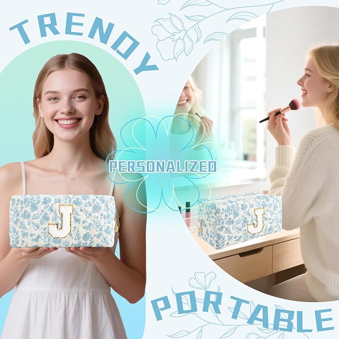 Personalized Quilted Cosmetic Bag, Puffy Monogrammed Christmas Birthday Gifts for Women & Girls, Cute initial Floral Makeup Bag Puffer Coquette Bag, Aesthetic Travel Toiletry Zipper Pouch(Blue,J)