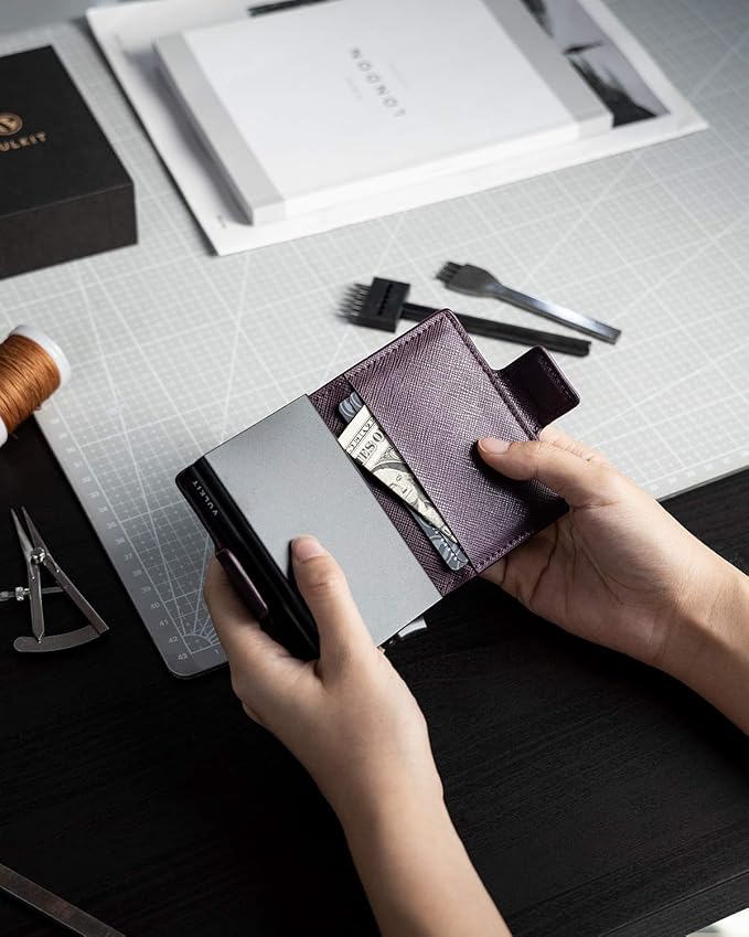 VULKIT Credit Card Holder RFID Blocking Leather Automatic Pop Up Wallet Magnetic Wallet Double Card Case for Men and Women