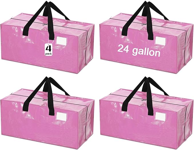 4 Pcs 24 Gallon Large Moving Bags with Zipper and Handles Foldable Storage Duffle Bags Heavy Duty Extra Large Totes for College Dorm Travel Clothes Blankets Bedding Moving (Pink)