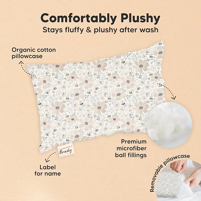 Mini Toddler Pillow with Pillowcase - 9x13 My Little Dreamy Travel Kids Pillow for Sleeping, Toddler Bed, Small, Tiny, Organic Cotton Pillowcase, Soft & Breathable, Kids 2-4 Years Old (Flora Vale)