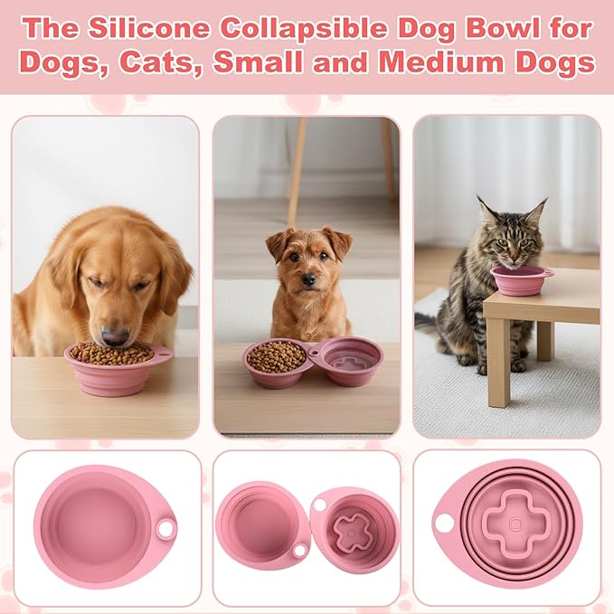 2-Pack Silicone Collapsible Dog Bowls with 4 Carabiners, Food-Grade Portable Pet Travel Bowls for Dogs & Cats, Foldable Water Feeder for Outdoor, Hiking, Camping (Pink)