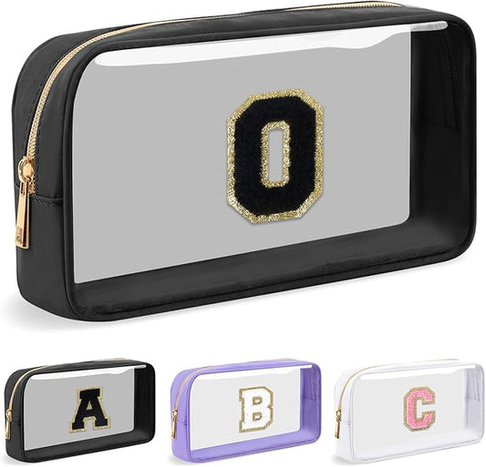 Personalized Initial Letter Clear Makeup Bag,Preppy Small Nylon&PVC Cosmetic Zipper Bag with Chenille Letter,Travel Skincare Toiletry Bag,Monogram Christmas Gift for Teen Girls Women,O