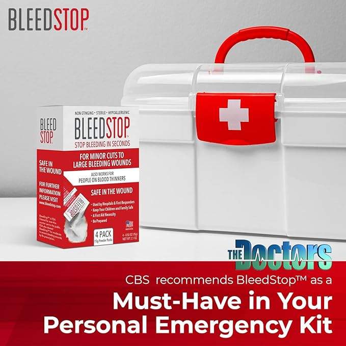 BleedStop™ First Aid Powder for Blood Clotting, Trauma Kit, Blood Thinner Patients, Camping Safety, and Survival Equipment for Moderate to Severe Bleeding Wounds or Nosebleeds - 2 (20g) Pouches