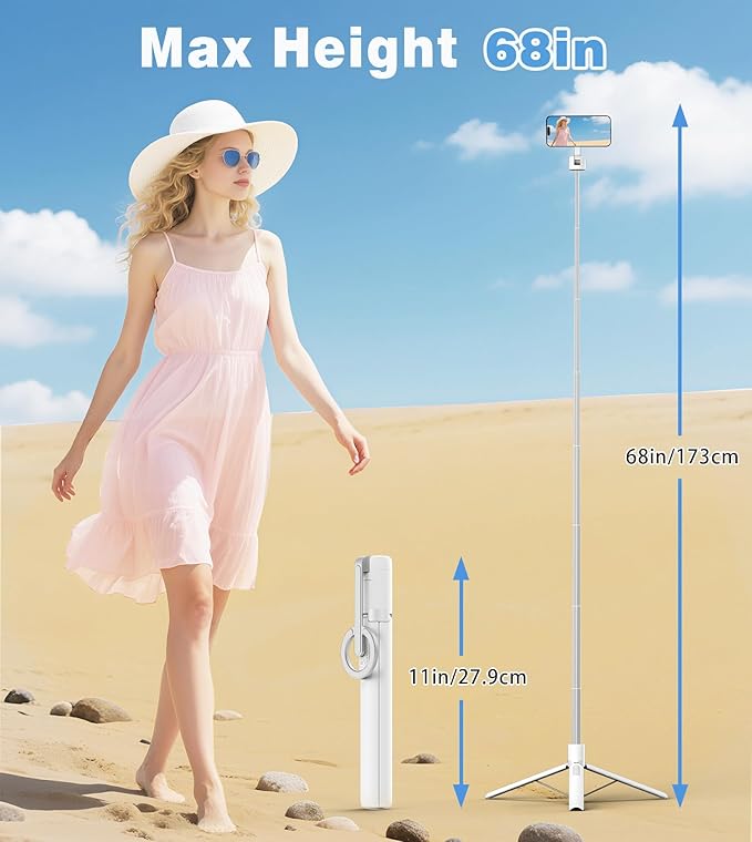 TONEOF 68" Magnetic Selfie Stick Tripod with Aluminum Strong Magnetic Holder for Magsafe, 360° Rotatable Travel Phone Tripod Stand with Metal Ring & Rechargeable Remote for iPhone/Android（White）