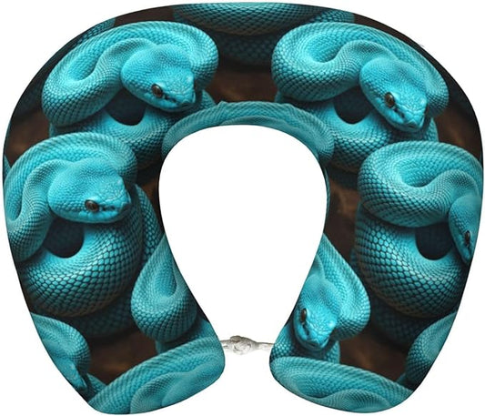 Travel Neck Pillows for Sleeping Rest Car Airplanes Mint Green Snake Print, Memory Foam with Removable Breathable Zipper Cover Washable for Men Women