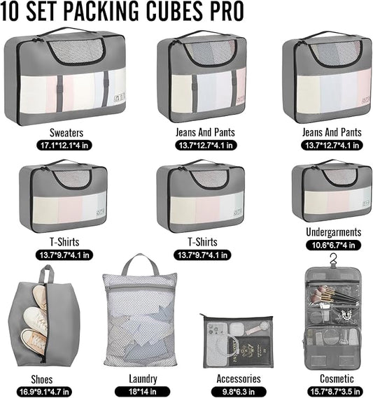 Veken 10 Set Packing Cubes for Travel Essential, Suitcase Organizer Bags in 4 Sizes, Carry-On Luggage Accessories with Large Laundry & Hanging Toiletry Bag, Must-Have for Airplane, Road Trip & Camping