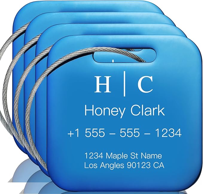 Stainless Luggage Tags for Suitcases 4 Pack: Metal Personalized Luggage Tags for Backpacks & Bags with Customizable Texts (Blue)