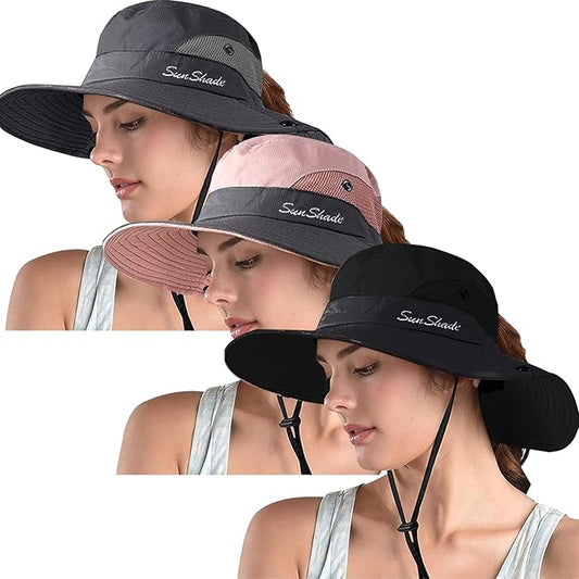 ZOORON Women's Ponytail Safari Sun Hat,Wide Brim UV Protection Outdoor Bucket Hat,Foldable Beach Summer Fishing Hat