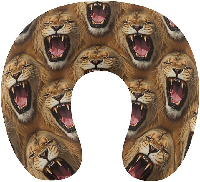 Travel Neck Pillow Memory Foam Chin Cushion Angry Lion, Washable Cover for Men Women Youth Airplane Car Pain Relief
