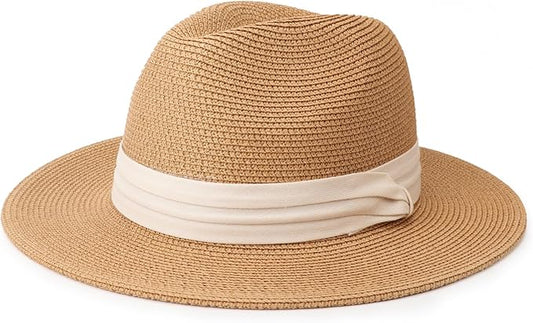 DRESHOW Women Straw Panama Hat Travel Fedora Beach Sun Hat Summer Wide Brim Straw Roll up Hat UPF 50+