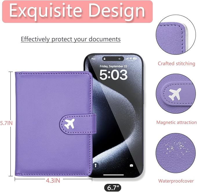 Passport Holder, Travel Wallet Cover with Pen Loop | Cute RFID Blocking Leather Case with Magnetic Closure for Travel Essentials-Purple