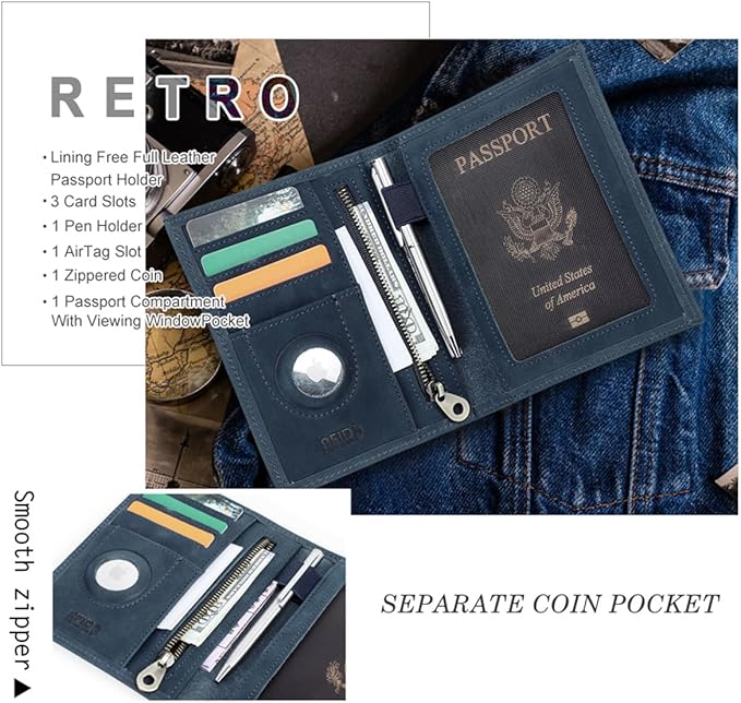 CONTACTS Full Grain Leather Airtag Passport Holder RFID Blocking Travel Passport Wallet Slim Passport Cover Case with 4 Cards Slots, Coin Pocket (Blue)