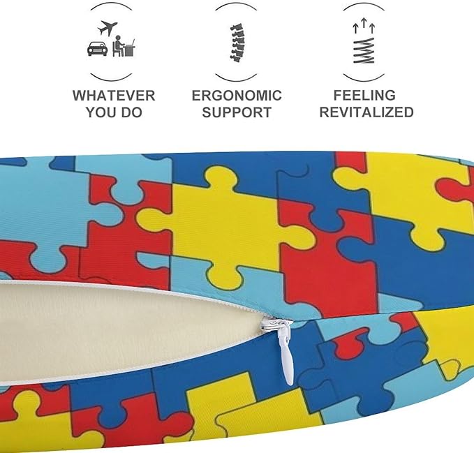Lightweight Travel Neck Pillow Autism Awareness Puzzle Memory Foam U Shaped Cushion, Washable Removable Cover for Airplane Car Outdoor Rest