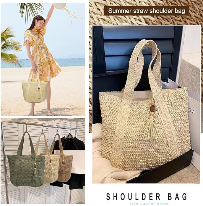 Straw Beach Bags for Women Woven Beach Tote Bag Casual Boho Large Shoulder Handbags Purse for Vacation Holiday