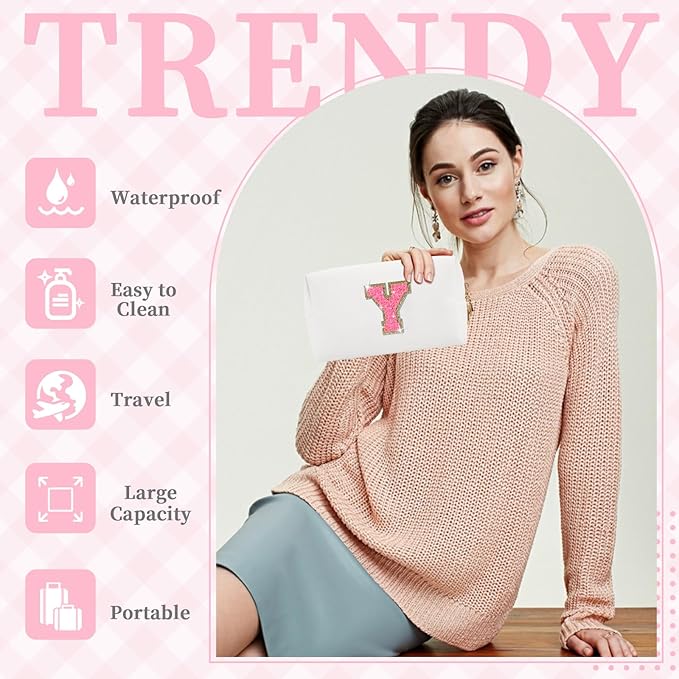 Small Personalized Initial A-Z Patch Makeup Bag,White Cute PU Leather Glitter Letter Cosmetic Bag for Teen Girls,Travel Toiletry Bag with Zipper,Preppy Monogrammed Birthday Gift for Daughter Niece Y