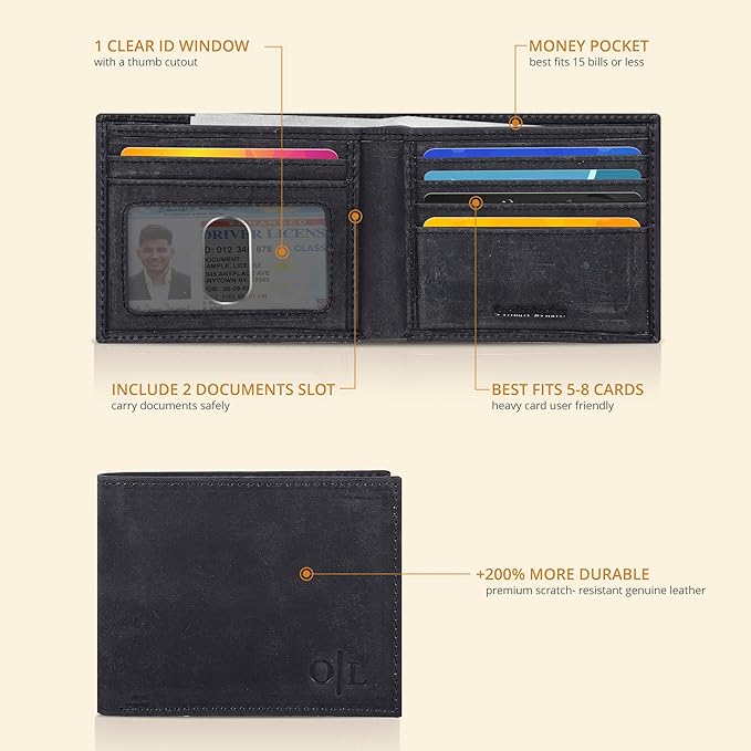 Oak Leathers Slim Leather Wallet for Men - RFID Blocking Slim Minimalist Front Pocket - Thin & Stylish with ID Window, Gift For Men (Vintage Black)