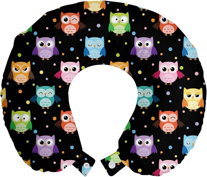 Ambesonne Owls Travel Pillow Neck Rest, Colorful Birds with Different Expressions Funny Confused Serious Characters Dots, Memory Foam Traveling Accessory for Airplane and Car, 12", Black Multicolor