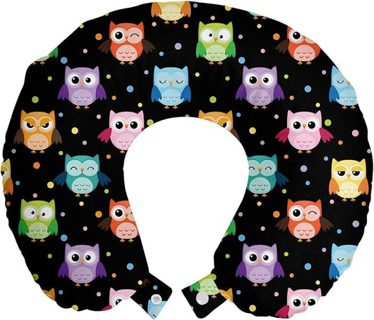 Ambesonne Owls Travel Pillow Neck Rest, Colorful Birds with Different Expressions Funny Confused Serious Characters Dots, Memory Foam Traveling Accessory for Airplane and Car, 12", Black Multicolor