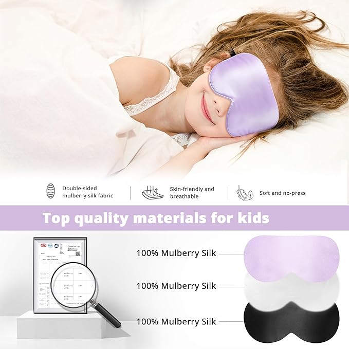 Kids Sleep Mask Eye Cover, 100% Real Natural Pure Silk Eye Mask with Adjustable Strap, Blindfold Kids Eye Mask for Sleeping, Eye Shade for Boys Girls and Adult, Pressure-Free Comfort (Purple)
