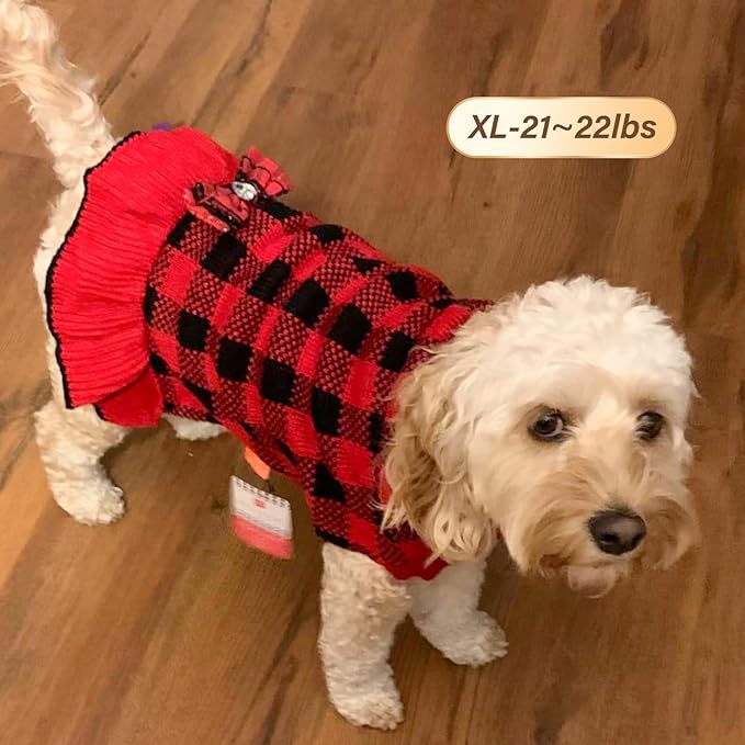 KYEESE Dog Christmas Sweater Dress with Bowtie Checkered, Turtleneck Dog Sweater for Small Dogs Girl with Leash Hole, Holiday Warm Pet Sweaters Dress, Red, X-Large