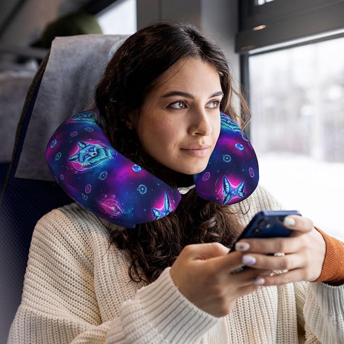 Travel Neck Pillow for Pain Relief Sleeping, Purple Blue Fox Galaxy Starry Sky, Comfortable Memory Foam Chin Head Cushion Support with Zip Cover, Fashion Car Flight Pillows