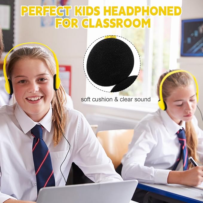 Konohan 30 Pack Headphones Bulk Headphone for School Classroom Student Wired Headphones Adjustable with 3.5 mm Jack for Adults (Yellow)