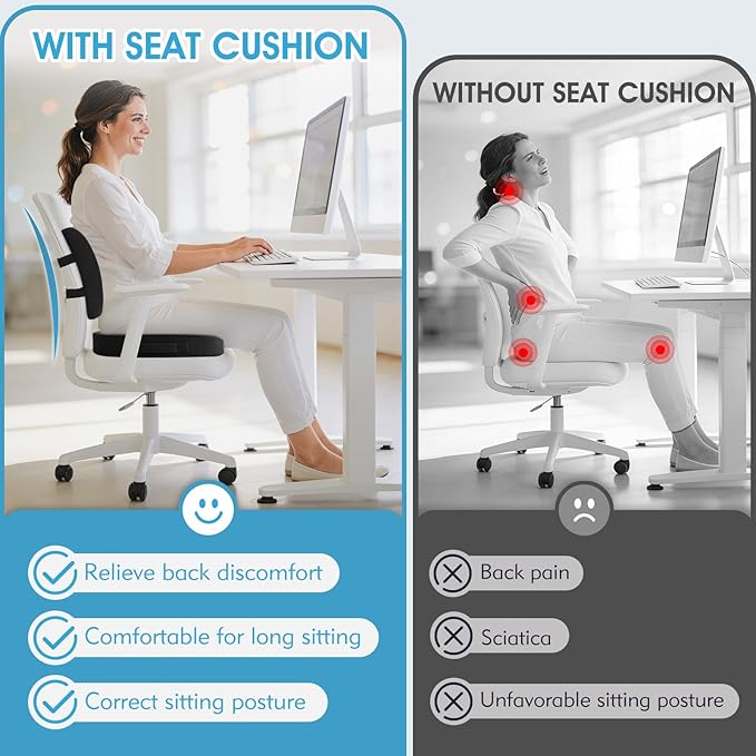 CushZone Seat Cushion, Lumbar Support Pillow with Adjustable Strap-Chair Cushions for Sciatica Pain Relief-with Washable Cover Memory Foam for Car, Travel and Wheelchair-Black