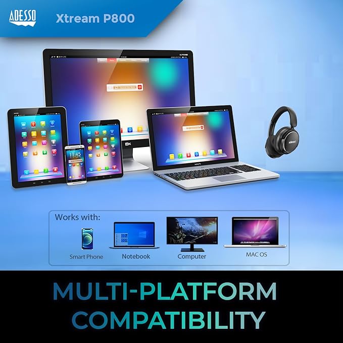 Adesso Xtream P800 Bluetooth Headphones with Active Noise Cancellation, Built-in Mic, 40H Battery, 3.5mm AUX, Foldable, for PC, Laptop, Mobile Devices
