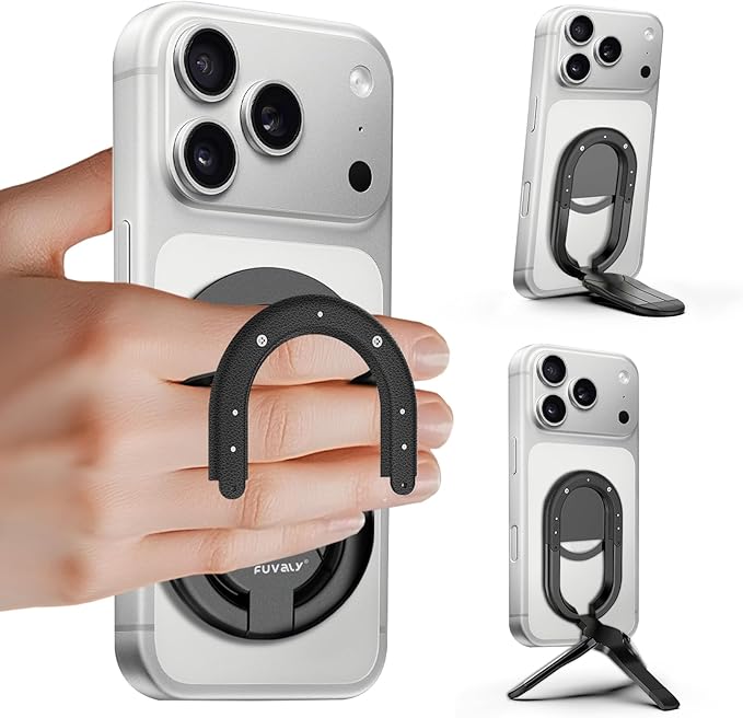 [2025 New] FUVALY Magnetic Phone Grip for MagSafe Phone Tripods 4-in-1 Desk Stand, Phone Ring Holder for iPhone 17/16/15/14 Pro&Android (Black)