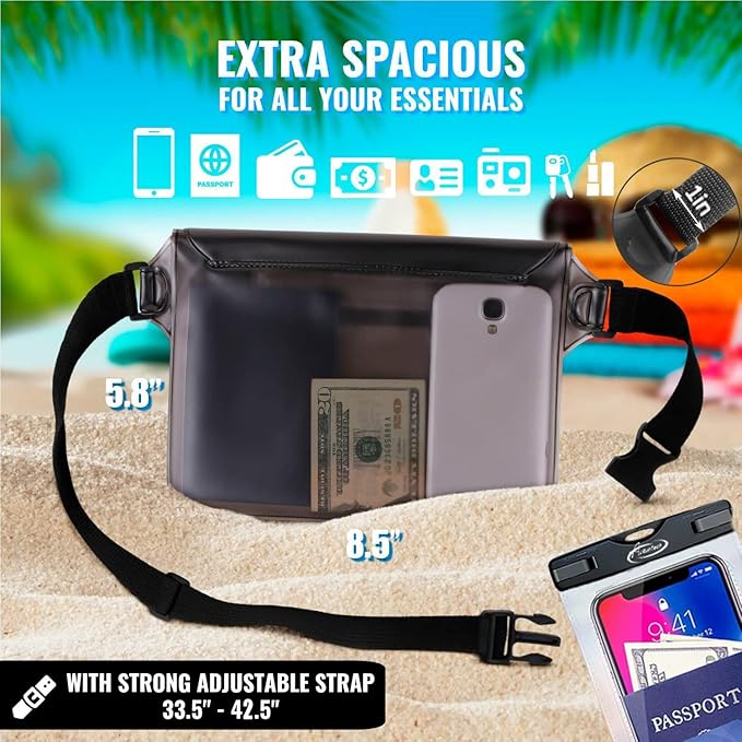 AiRunTech Waterproof Fanny Pack,Waterproof Phone Pouch for iPhone 16 15 14 13 12 11 Pro Max,IPX8 Dry Bag for Snorkeling Beach Cruise Kayaking Pool Swimming(Two Phone Cases+Two Waist Bags Set)