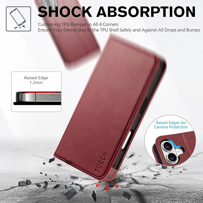 TUCCH Wallet Case for iPhone 17 (6.3") 2025, 3 Credit Card Slot | RFID Blocking | Stand | PU Leather | Protective Flip Folio Cover | Shockproof TPU Interior Shell | Deep Red