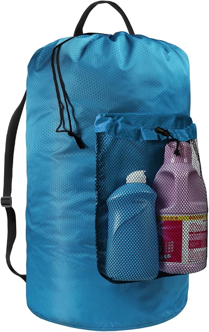 Laundry Bag with Shoulder Straps and Mesh Pocket Laundry Backpack Large Portable Laundry Hamper for College Laundromat Apartment (Light Blue)