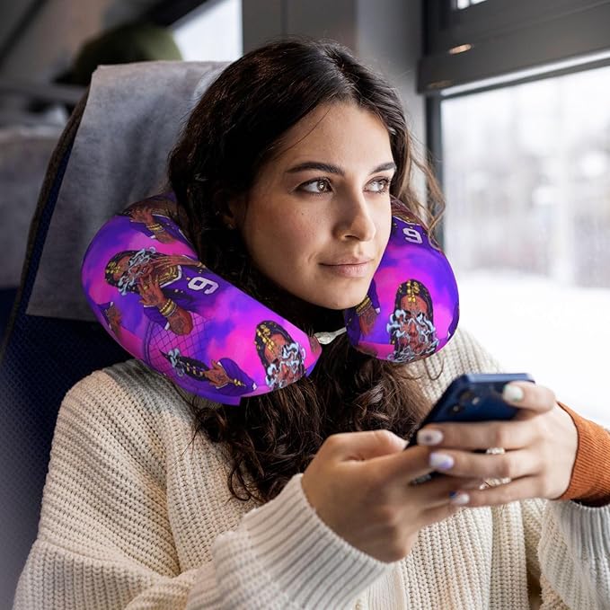 Travel Neck Pillows for Sleeping Rest Car Airplanes African American Black Girl Gold Ring Art Purple, Memory Foam with Removable Breathable Zipper Cover Washable for Men Women