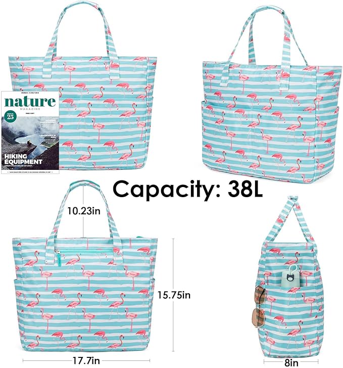 KABAQOO Extra Large Beach Bag Waterproof Sandproof Women Beach Tote with Zipper & Wet Compartment for Pool Gym Grocery Travel